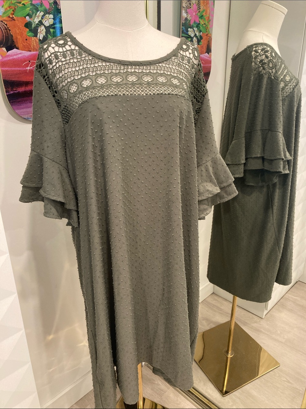 Olive Green Crochet Yoke Midi Dress